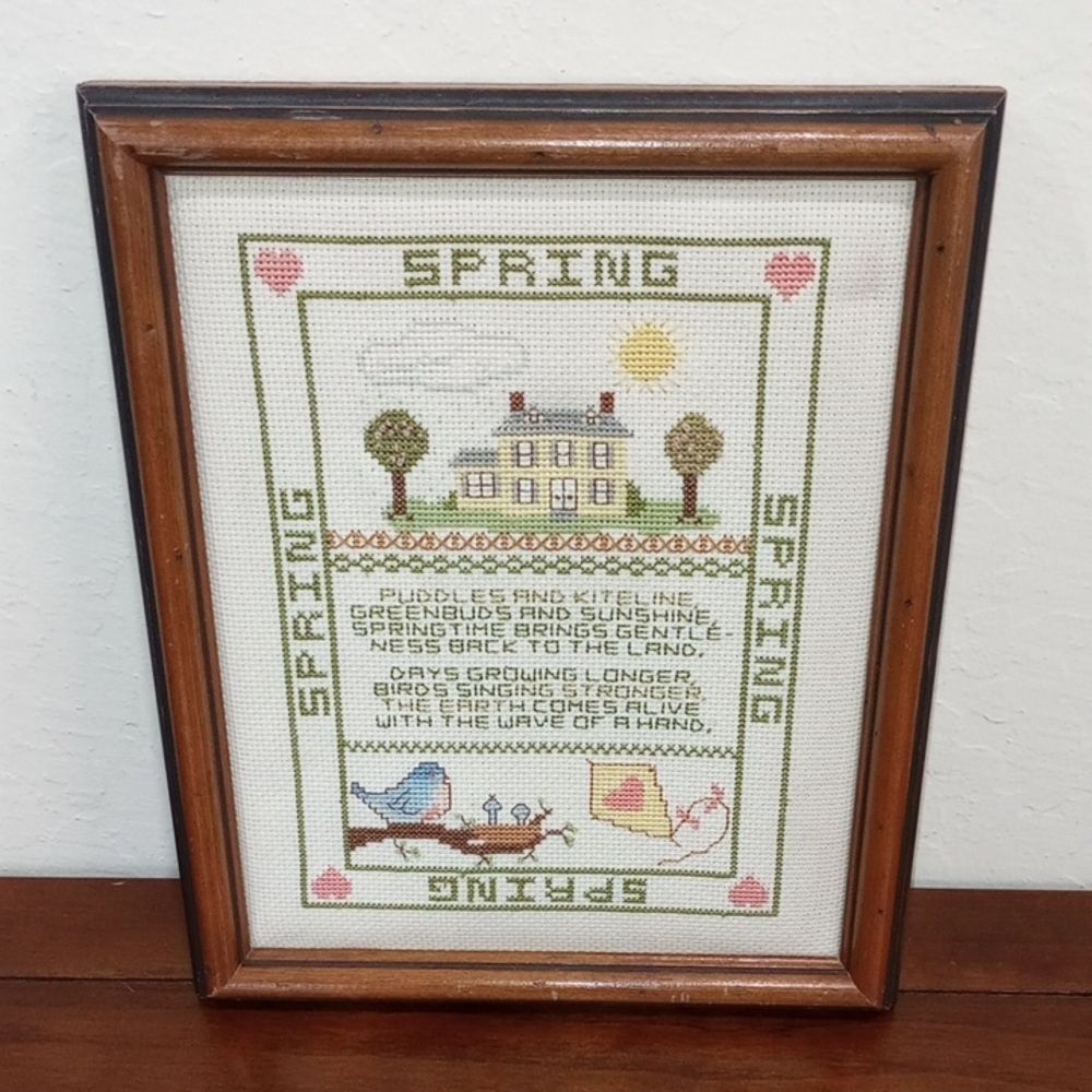 Completed Framed Cross Stitch "Spring" - Designed by Gloria & Pat Inc. -1984